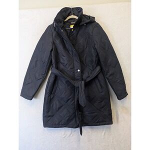 Jones New York Navy Blue Quilted Hooded Belted Puffer Coat Small NEW